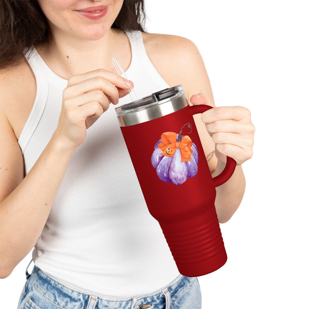 Purple Pumpkin Wrapped In A Bow Insulated Travel Mug, 40oz