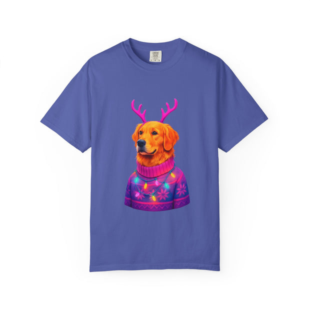 Golden Retriever with Antlers sweater T-Shirt | Neon Holiday Dog Design