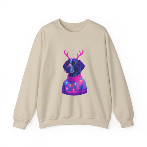 German Shorthaired Pointer with Reindeer Antlers Crewneck Sweatshirt | Neon Holiday Sweater Illustration