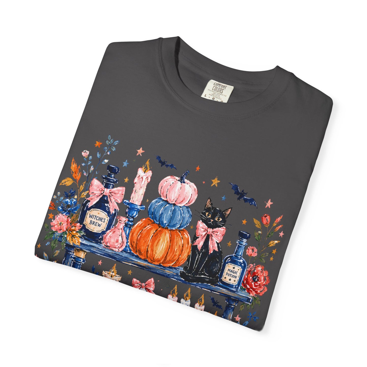 Autumn Apothecary Illustration T-shirt | Pumpkins, Black Cat, Potion Bottles