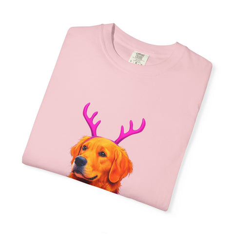 Golden Retriever with Antlers sweater T-Shirt | Neon Holiday Dog Design