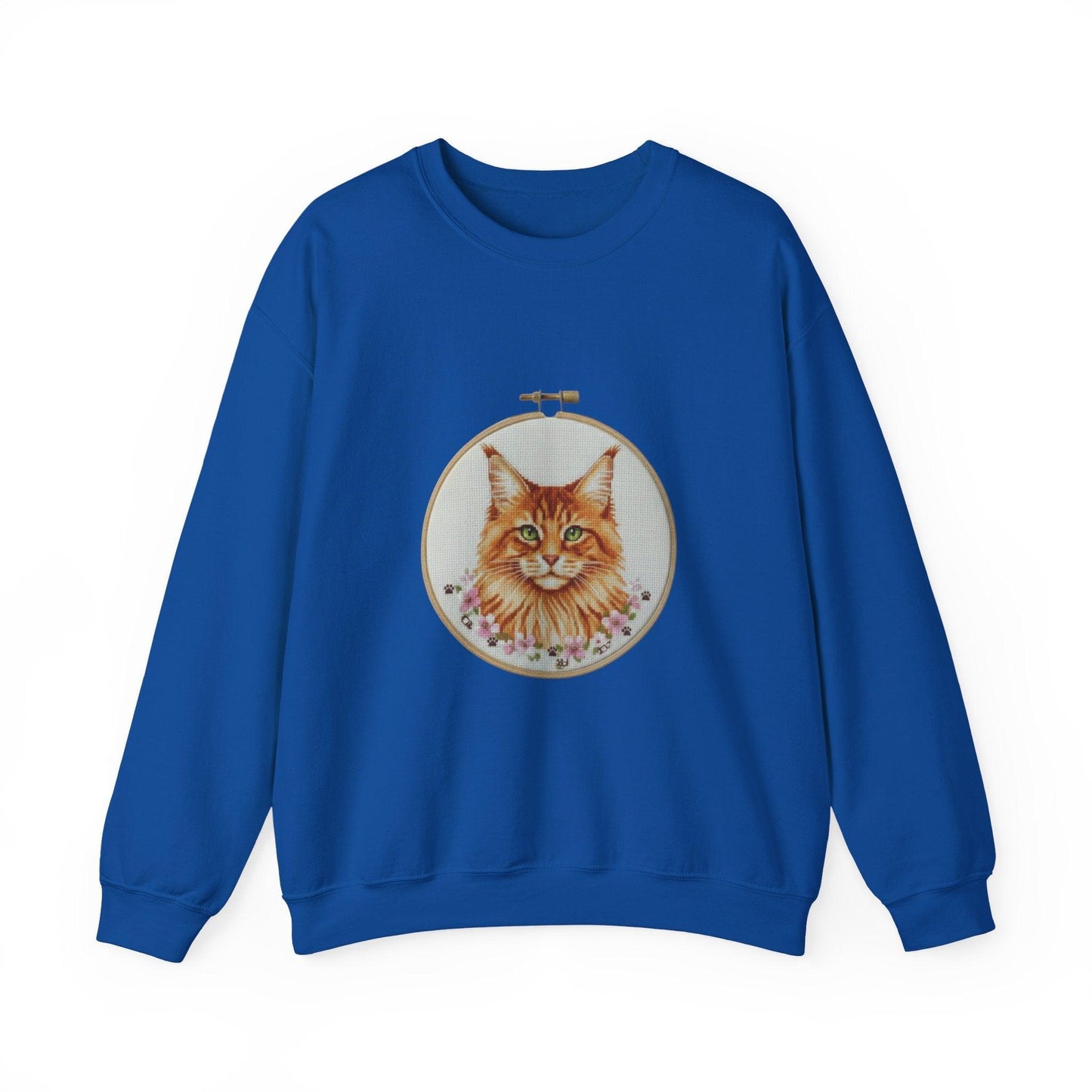 Orange Tabby Cat Sweatshirt, Cat Mom Gift, Cross Stitch Cat Portrait, Embroidery Hoop Floral Crewneck