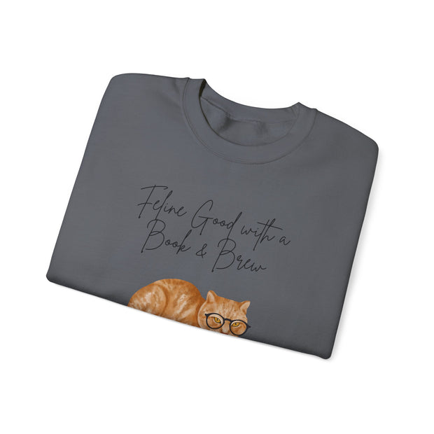 'Feline Good With A Book & Brew' Unisex Crewneck Sweatshirt
