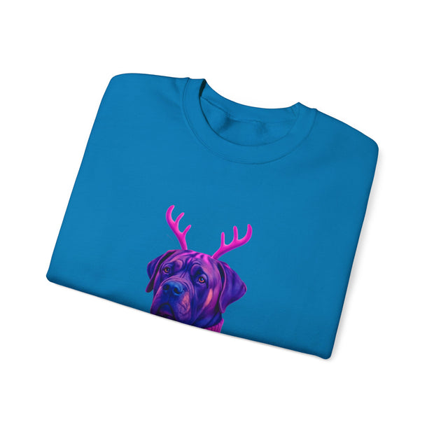 Neon Reindeer English Mastiff Sweatshirt | Dog with Antlers, Holiday Lights Sweater