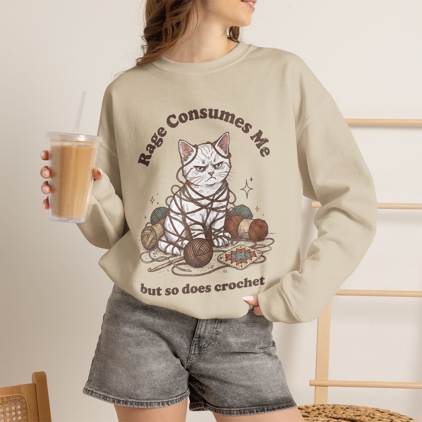 Rage Consumes Me Crochet Cat Shirt, Funny Knitting Tee, Grandma Hobbies Sweatshirt