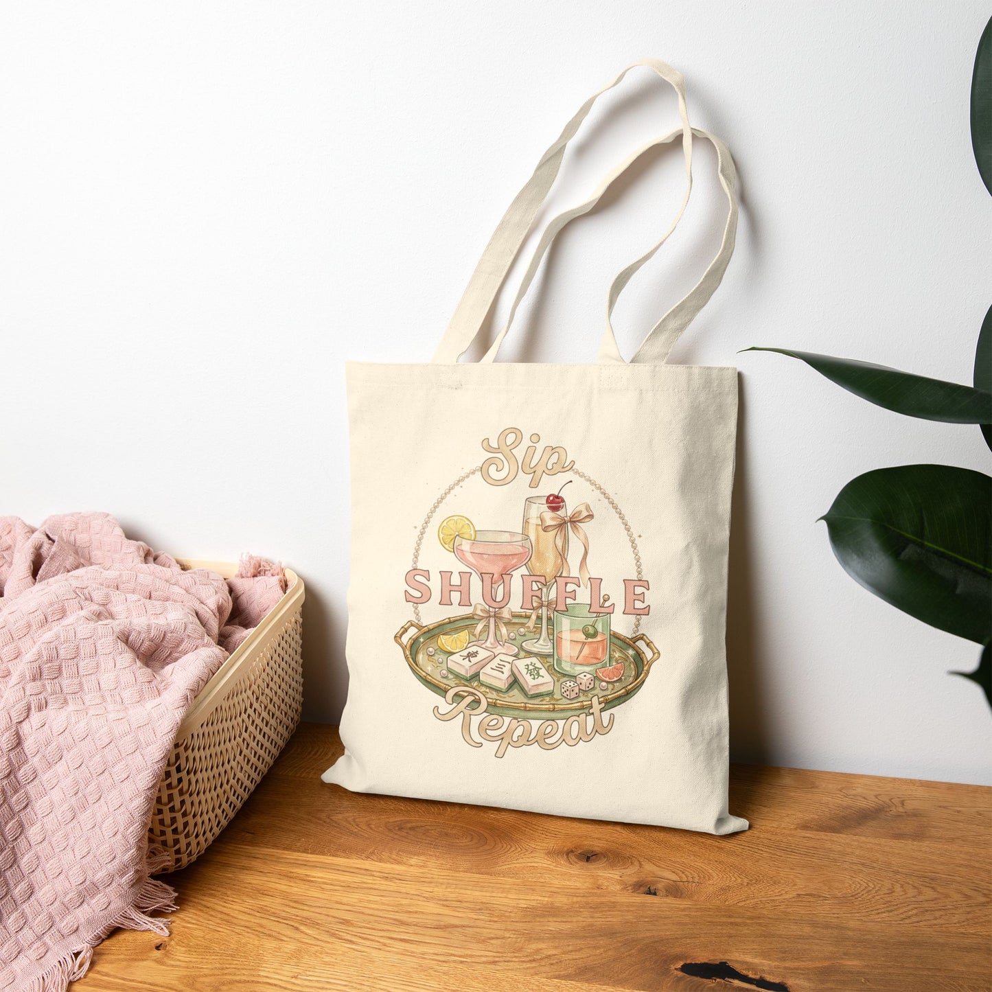 Sip Shuffle Repeat Tote Bag, Mahjong Social Club Canvas Tote, Pastel Girls Night Gift Bag, Mahjong Lover Tote