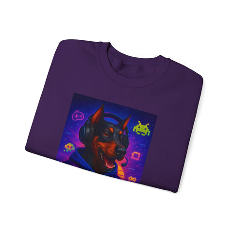 Gaming Doberman Graphic Crewneck Sweatshirt | Retro Arcade Dog Gamer