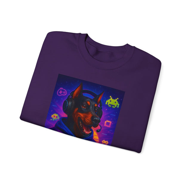 Gaming Doberman Graphic Crewneck Sweatshirt | Retro Arcade Dog Gamer