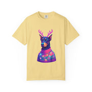 Festive Doberman Holiday T-Shirt, Christmas Shirt, Unisex Gift, Funny Pet Apparel, Cozy Winter Wear, Animal Lover Tee