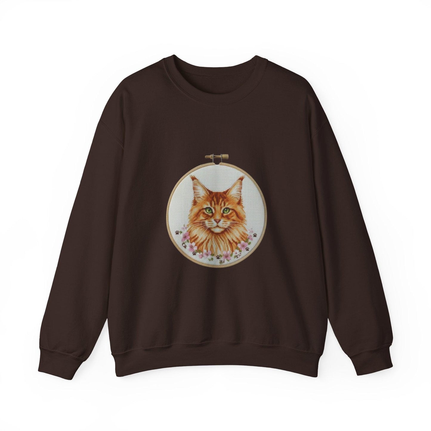 Orange Tabby Cat Sweatshirt, Cat Mom Gift, Cross Stitch Cat Portrait, Embroidery Hoop Floral Crewneck