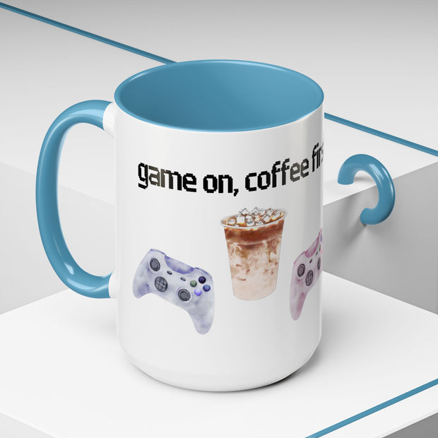 'Game On, Coffee First' Accent Coffee Mug