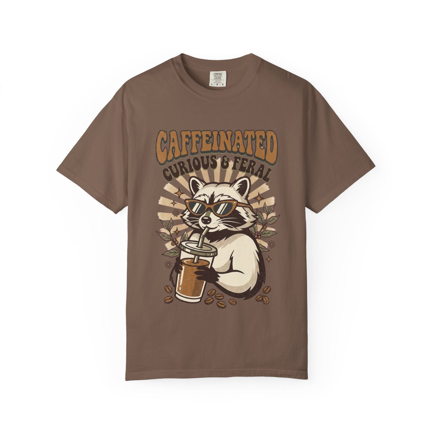 Caffeinated Curious & Feral Raccoon T-Shirt, Funny Coffee Lover Raccoon Tee, Goblincore Animal Shirt, Nature Lover Gift