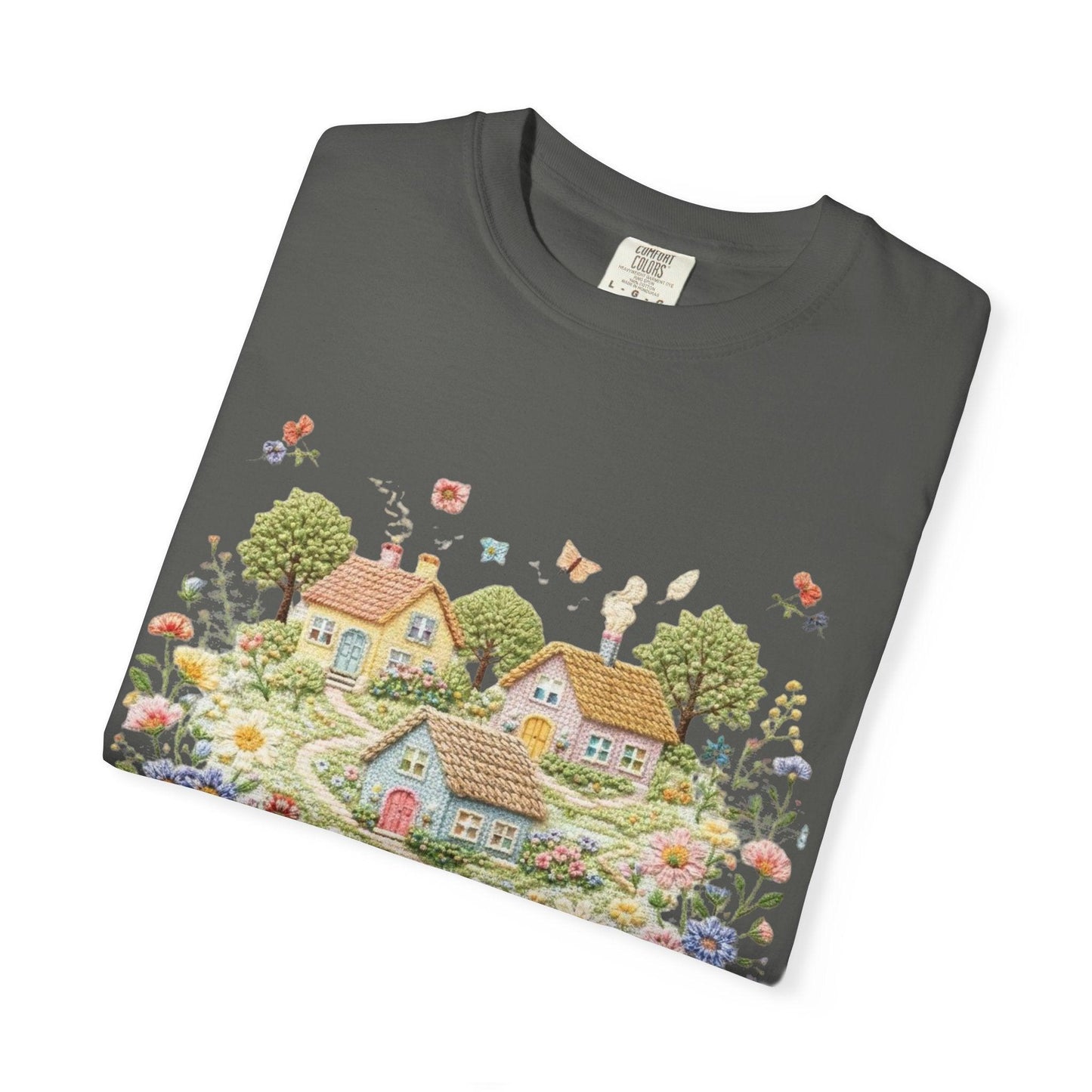 Cottage Garden Landscape T-shirt | Floral Village Illustration