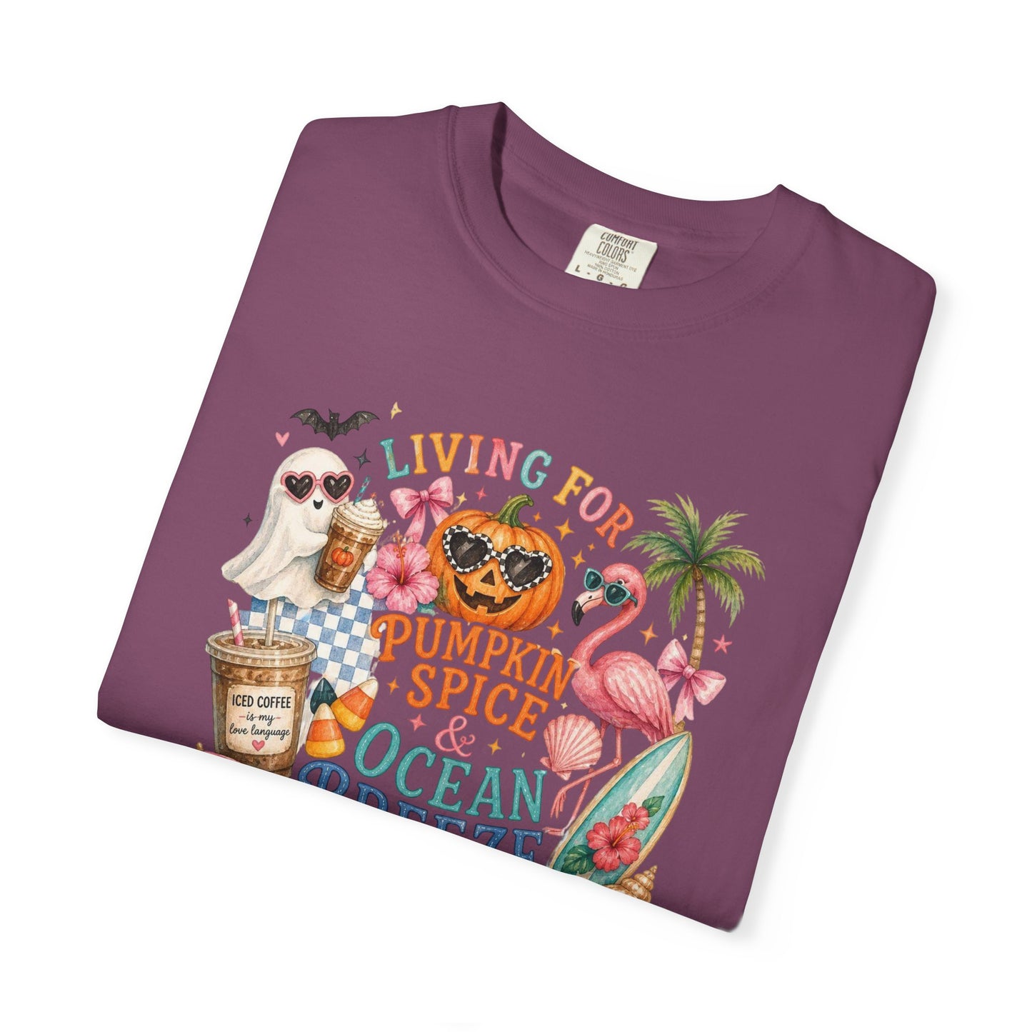 Pumpkin Spice & Ocean Breeze T-Shirt, Summerween Flamingo Shirt, Halloween Beach Tee, Tropical Spooky Season Graphic, Fall Vacation Shirt