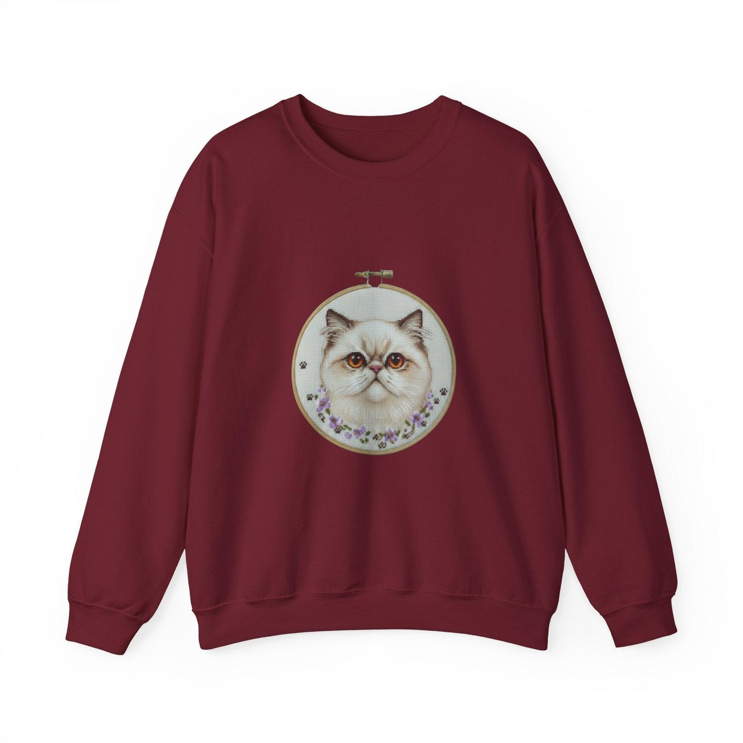 Grumpy Persian Cat Portrait Crewneck sweatshirt | Floral Embroidery Hoop Art
