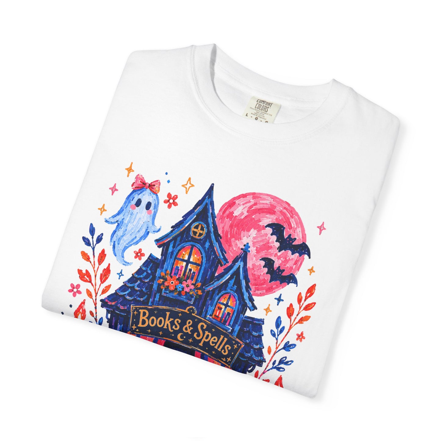 Books & Spells T-Shirt, Witchy Bookstore Halloween Shirt, Cozy Book Lover Tee, Black Cat Ghost Pumpkin Graphic, Booktok Fall Shirt