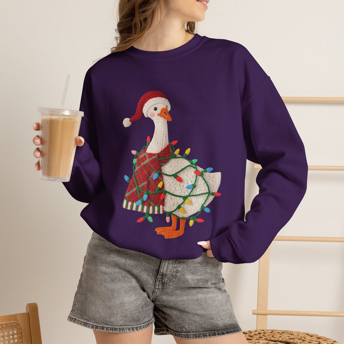 Christmas Goose Wearing Santa Hat Crewneck Sweatshirt | Holiday Duck in Lights