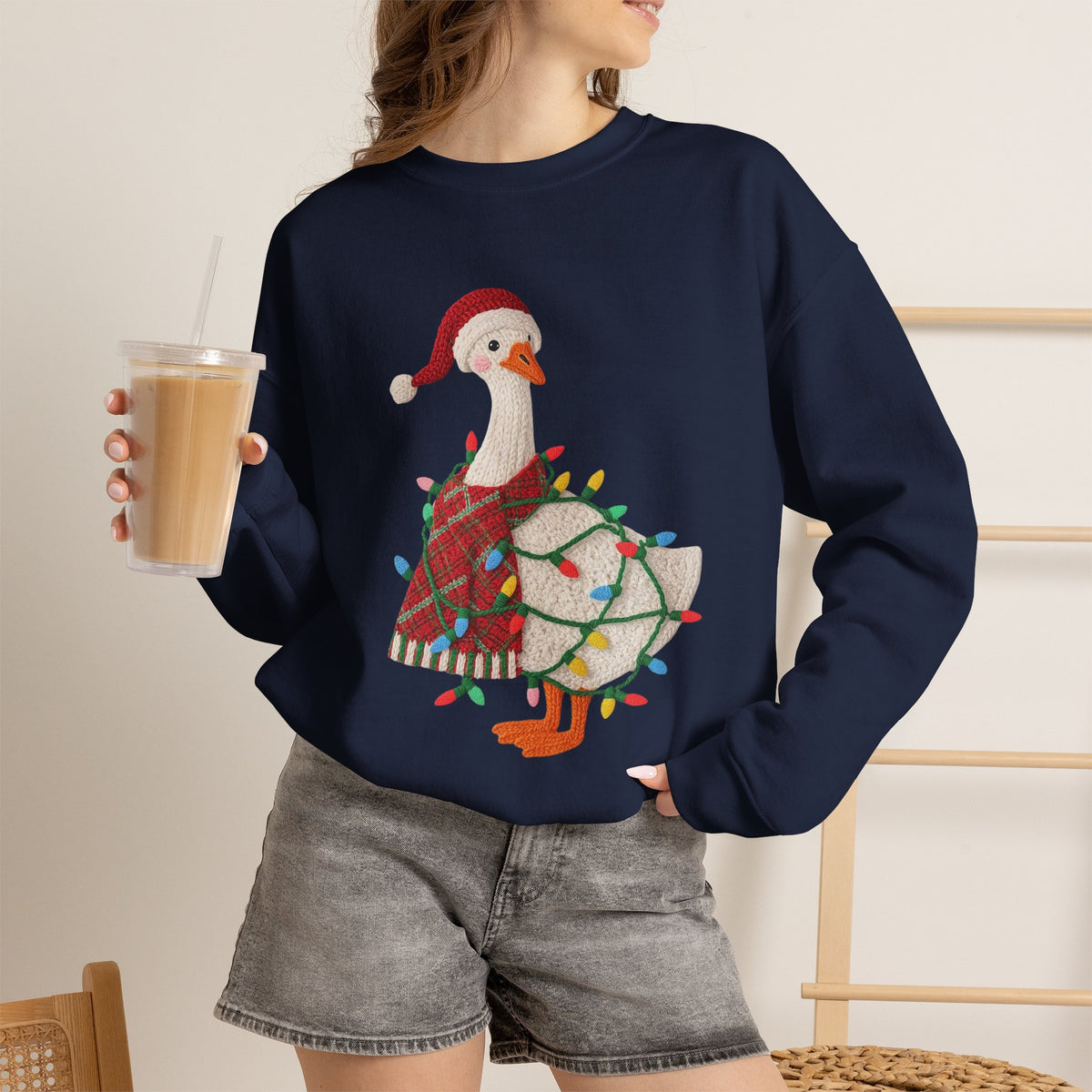 Christmas Goose Wearing Santa Hat Crewneck Sweatshirt | Holiday Duck in Lights