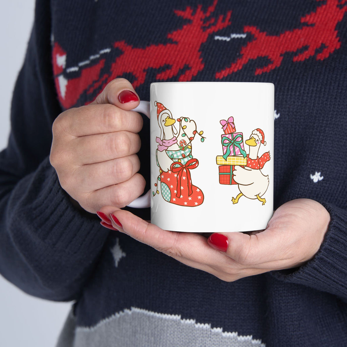 Christmas Duck Carrying Presents Mug | Holiday Ceramic Coffee Cup