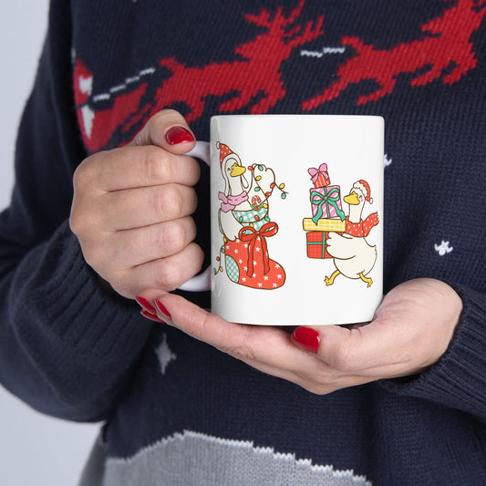 Christmas Duck Carrying Presents Mug | Holiday Ceramic Coffee Cup