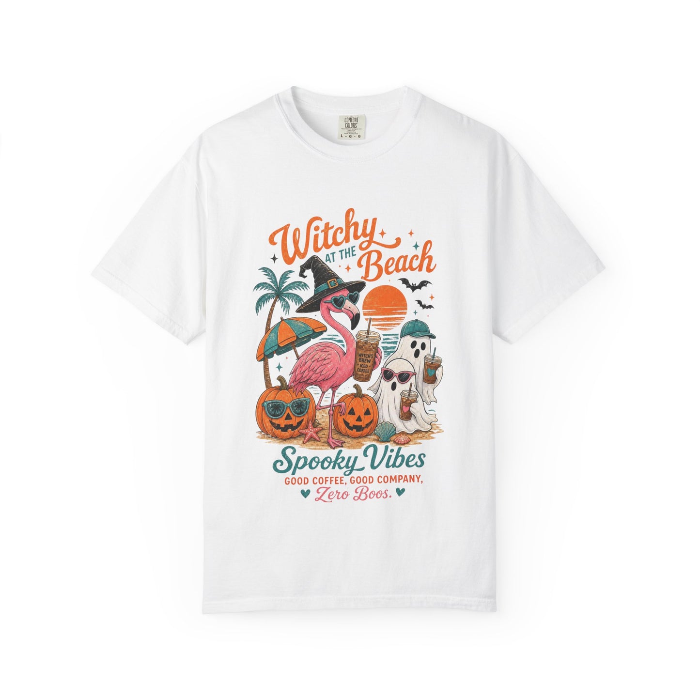 Witchy at the Beach T-shirt | Spooky Vibes Halloween Flamingo Design