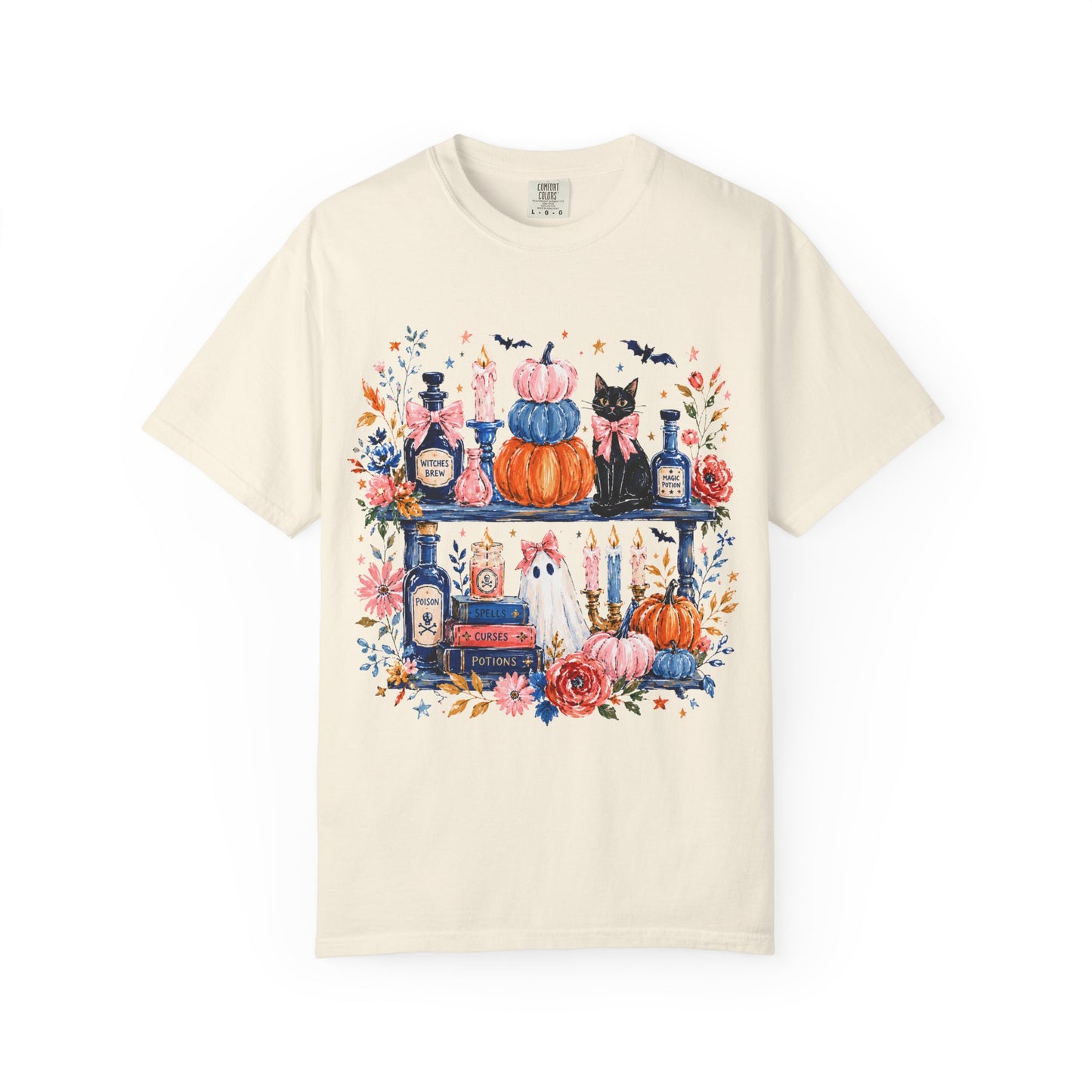 Autumn Apothecary Illustration T-shirt | Pumpkins, Black Cat, Potion Bottles