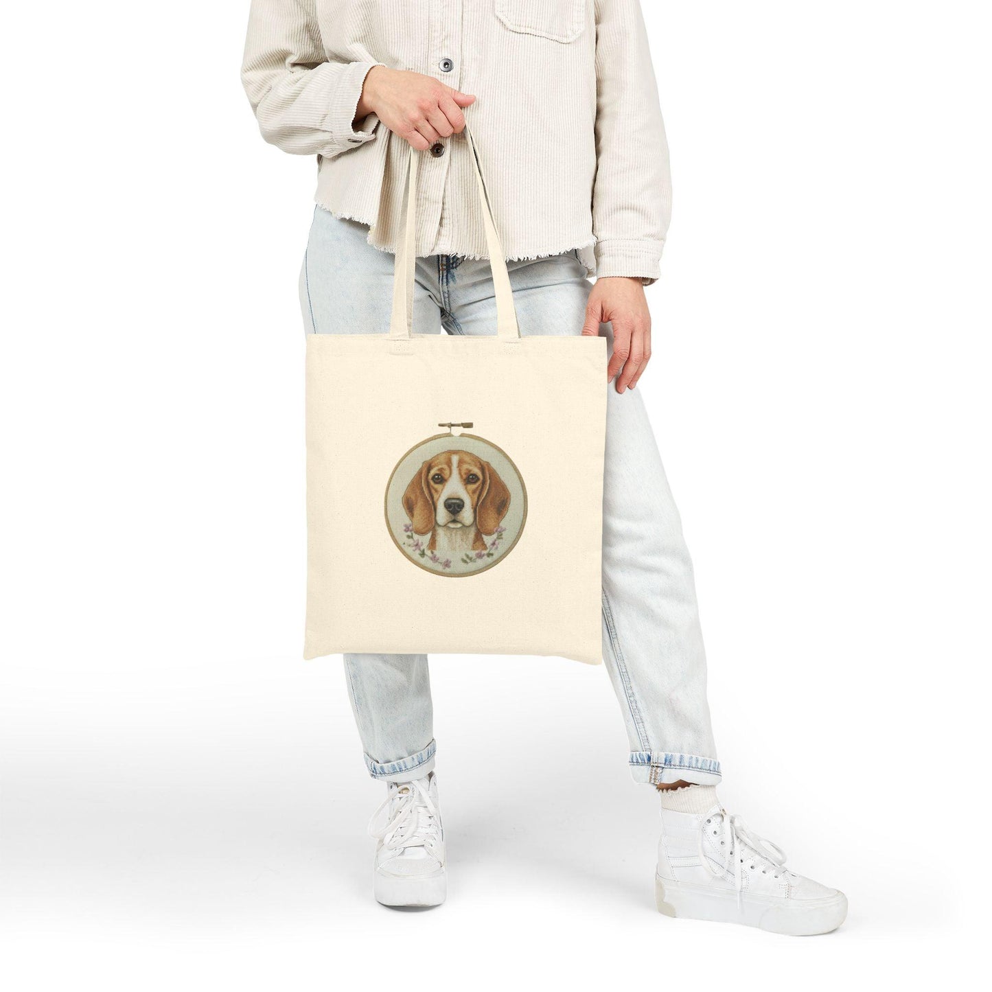 Beagle Portrait Tote Bag | Dog Embroidery Hoop Illustration, Canvas Shopper