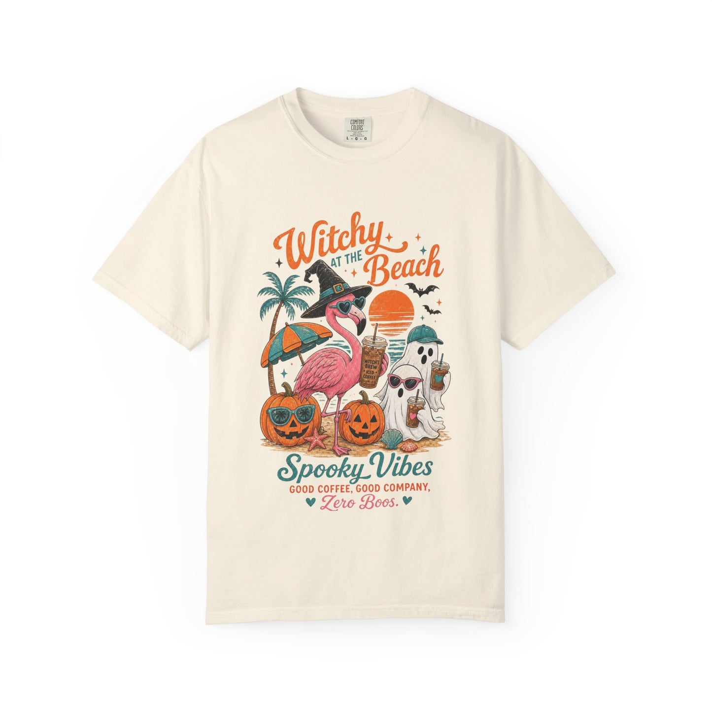 Witchy at the Beach T-shirt | Spooky Vibes Halloween Flamingo Design
