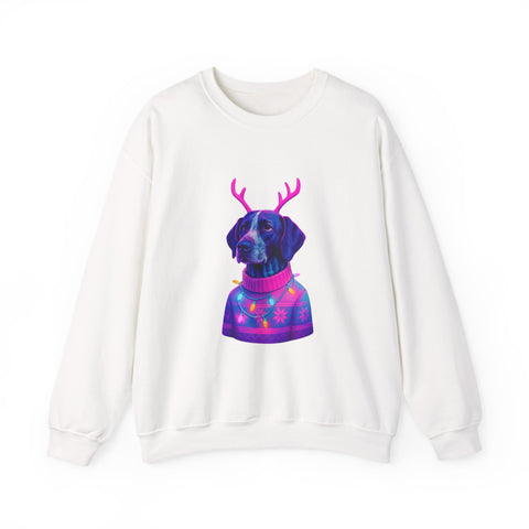 German Shorthaired Pointer with Reindeer Antlers Crewneck Sweatshirt | Neon Holiday Sweater Illustration