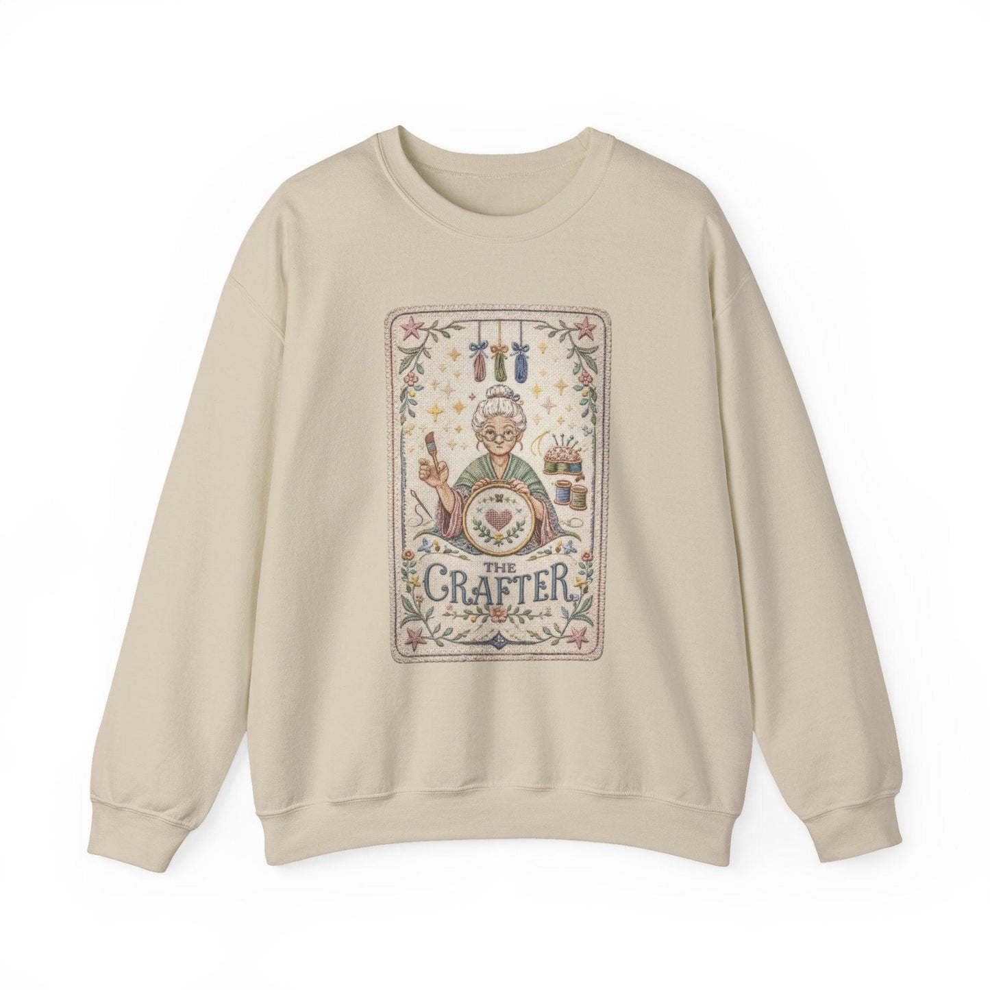 The Crafter illustration Crewneck Sweatshirt | Vintage craft tools, floral frame