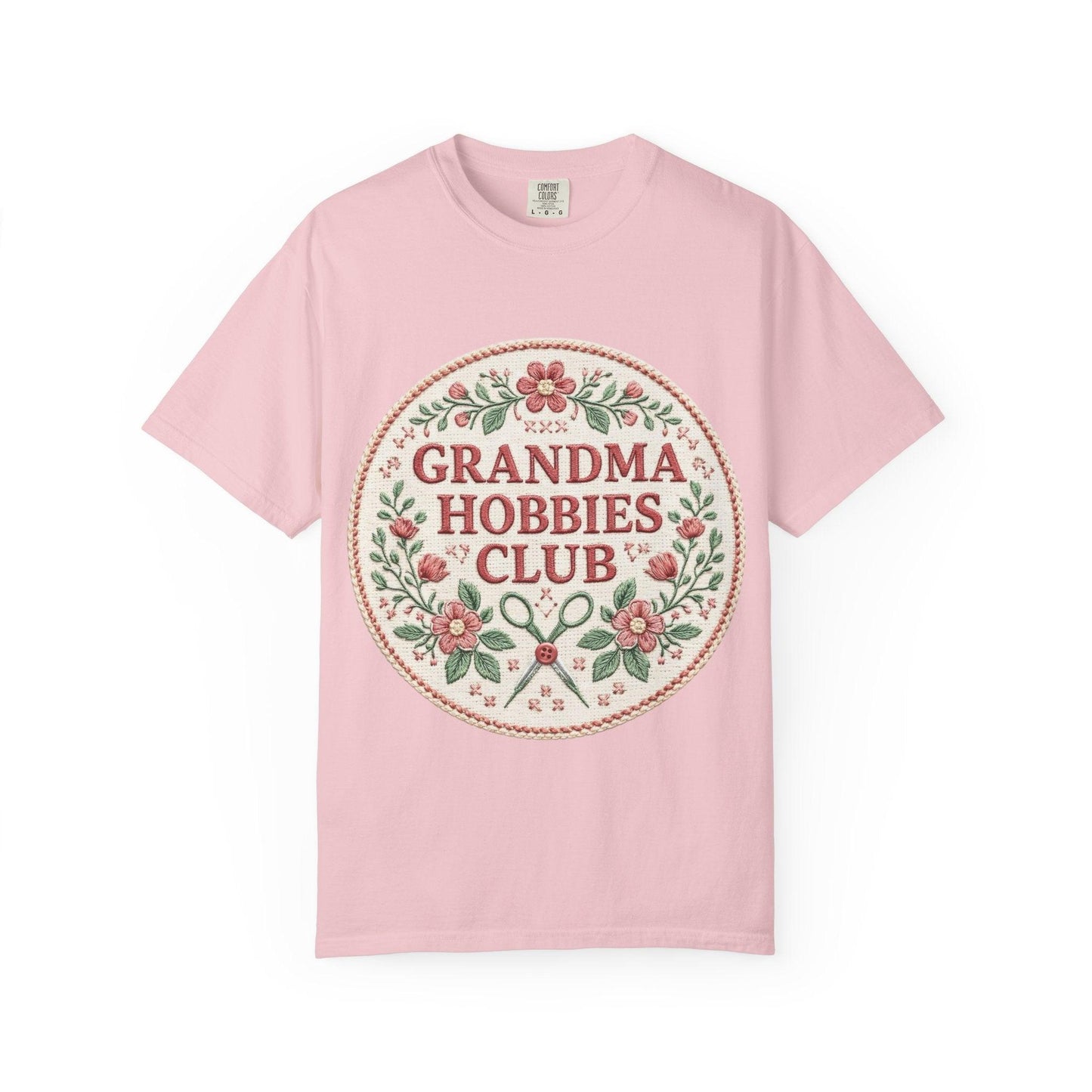 Grandma Hobbies Club T-shirt | Floral Needlework Scissors Embroidery Design
