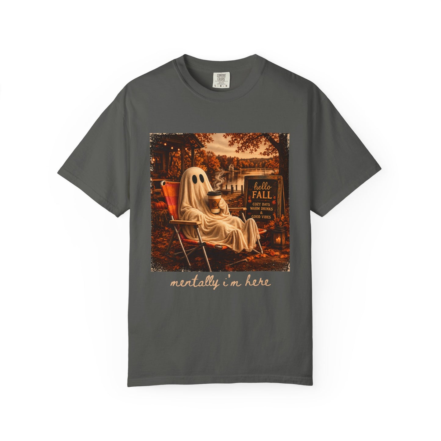 Cozy Ghost in Chair Fall T-shirt | Autumn Leaves, Retro Halloween Scene, Summerween