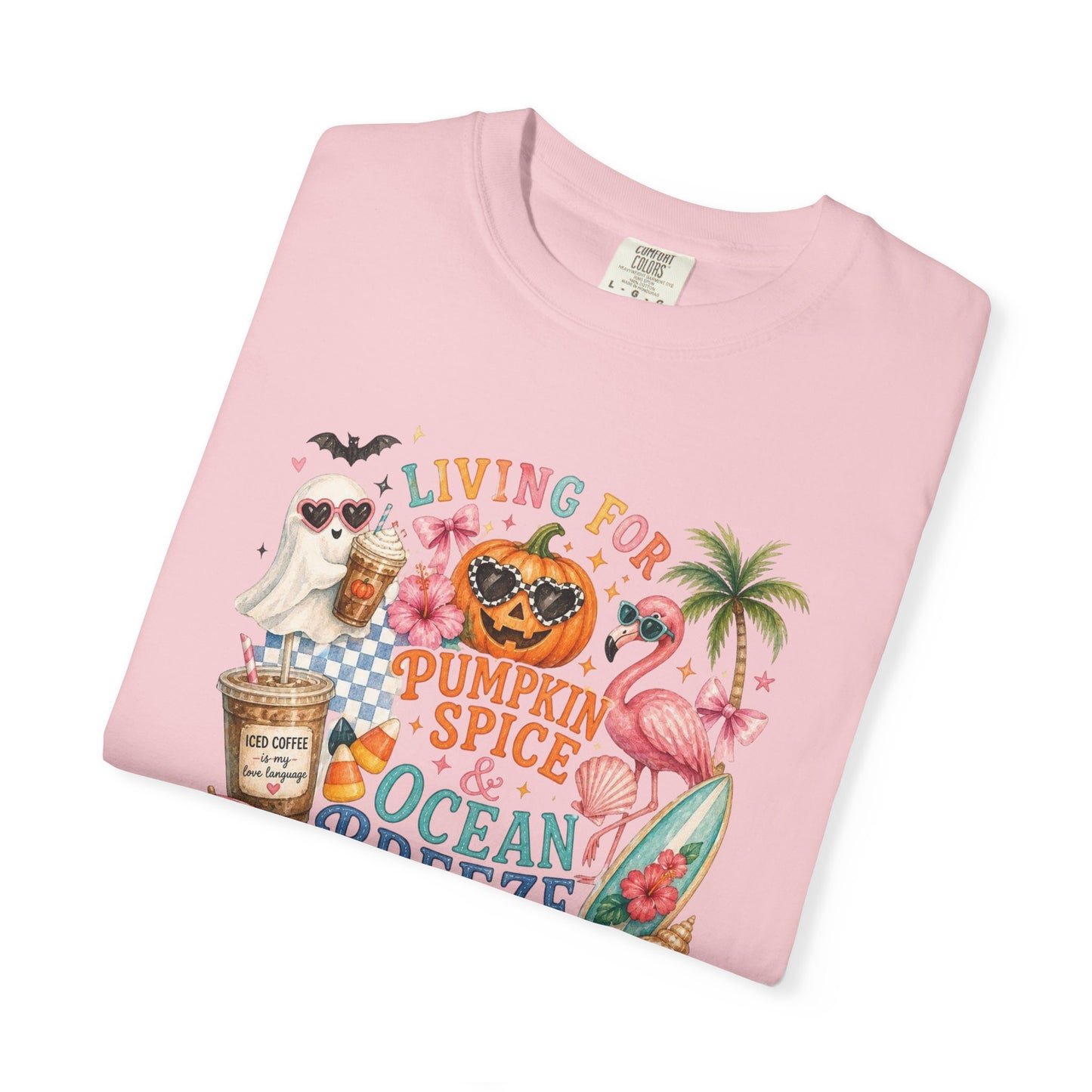 Pumpkin Spice & Ocean Breeze T-Shirt, Summerween Flamingo Shirt, Halloween Beach Tee, Tropical Spooky Season Graphic, Fall Vacation Shirt