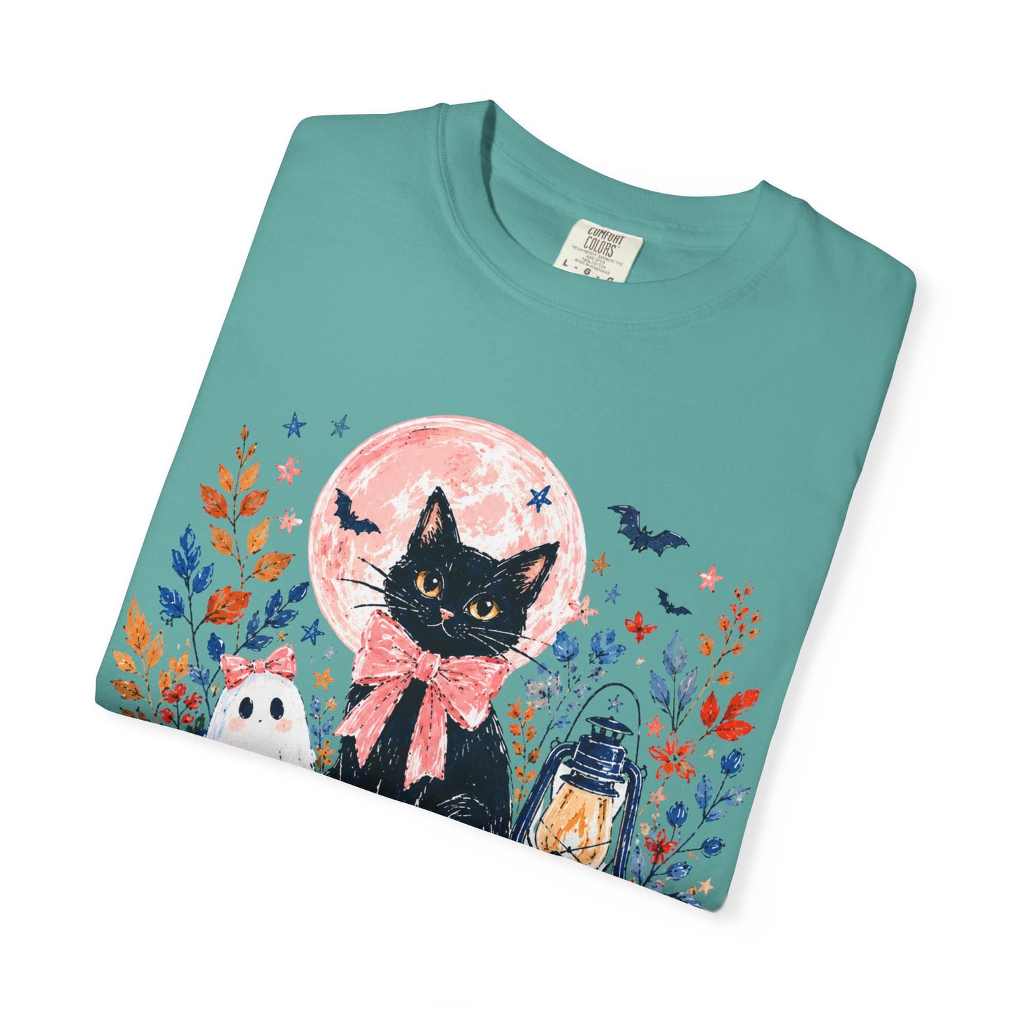 Black Cat with Pumpkins T-shirt | Halloween Moon Lantern Floral Design