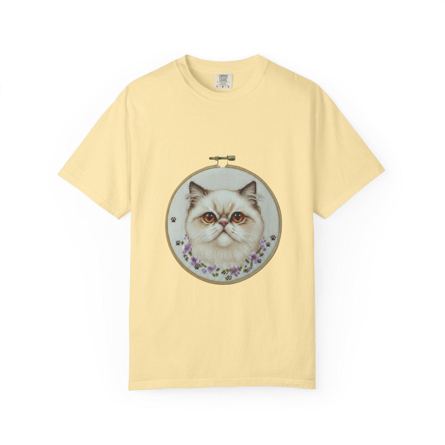 Persian Cat Portrait T-shirt | Embroidery Hoop Floral Illustration