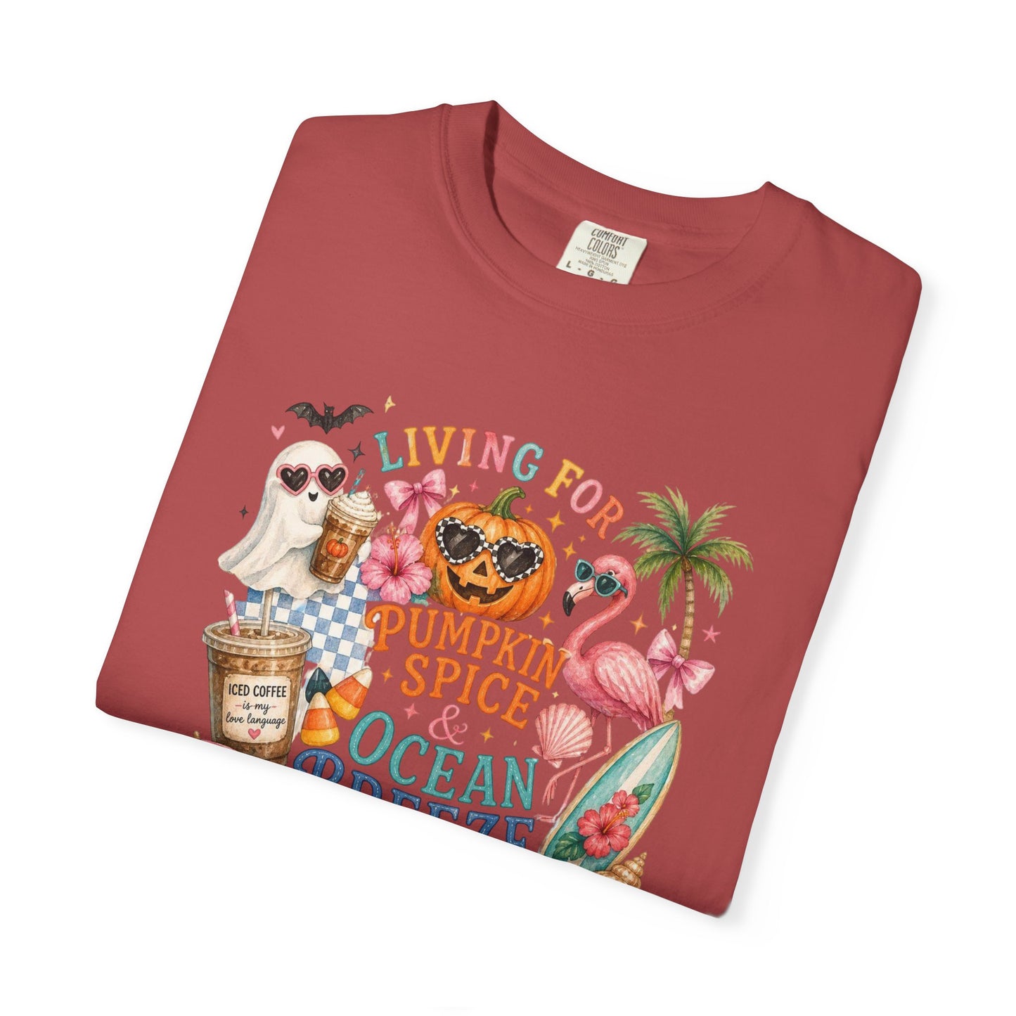 Pumpkin Spice & Ocean Breeze T-Shirt, Summerween Flamingo Shirt, Halloween Beach Tee, Tropical Spooky Season Graphic, Fall Vacation Shirt
