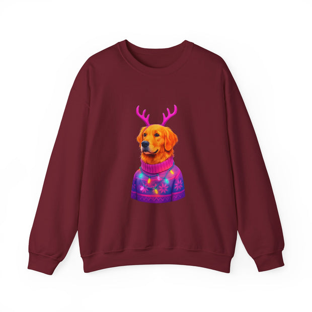 Golden Retriever in Festive Sweater Sweatshirt | Reindeer Antlers Holiday Dog