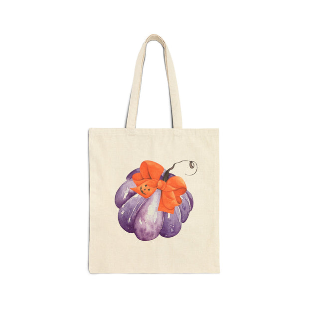 Purple Pumpkin Wrapped In A Bow Cotton Canvas Tote Bag