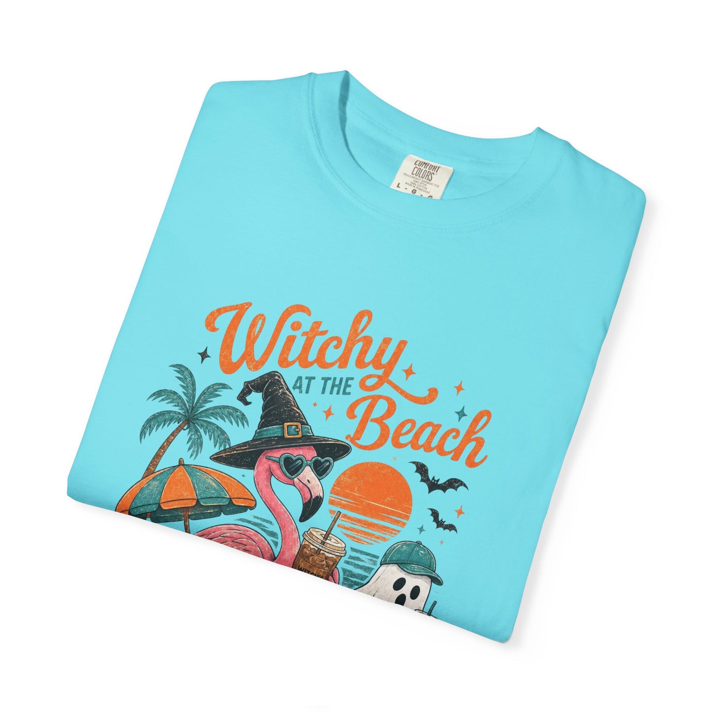 Witchy at the Beach T-shirt | Spooky Vibes Halloween Flamingo Design