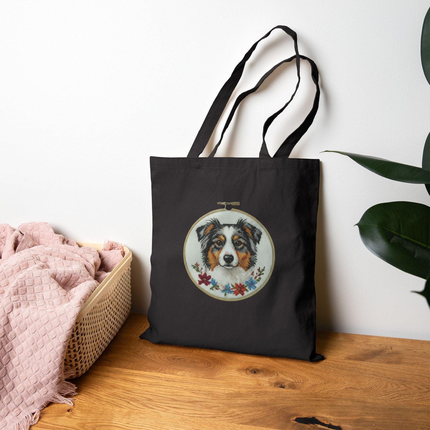 Australian Shepherd Portrait Tote Bag | Embroidery Hoop Dog Illustration
