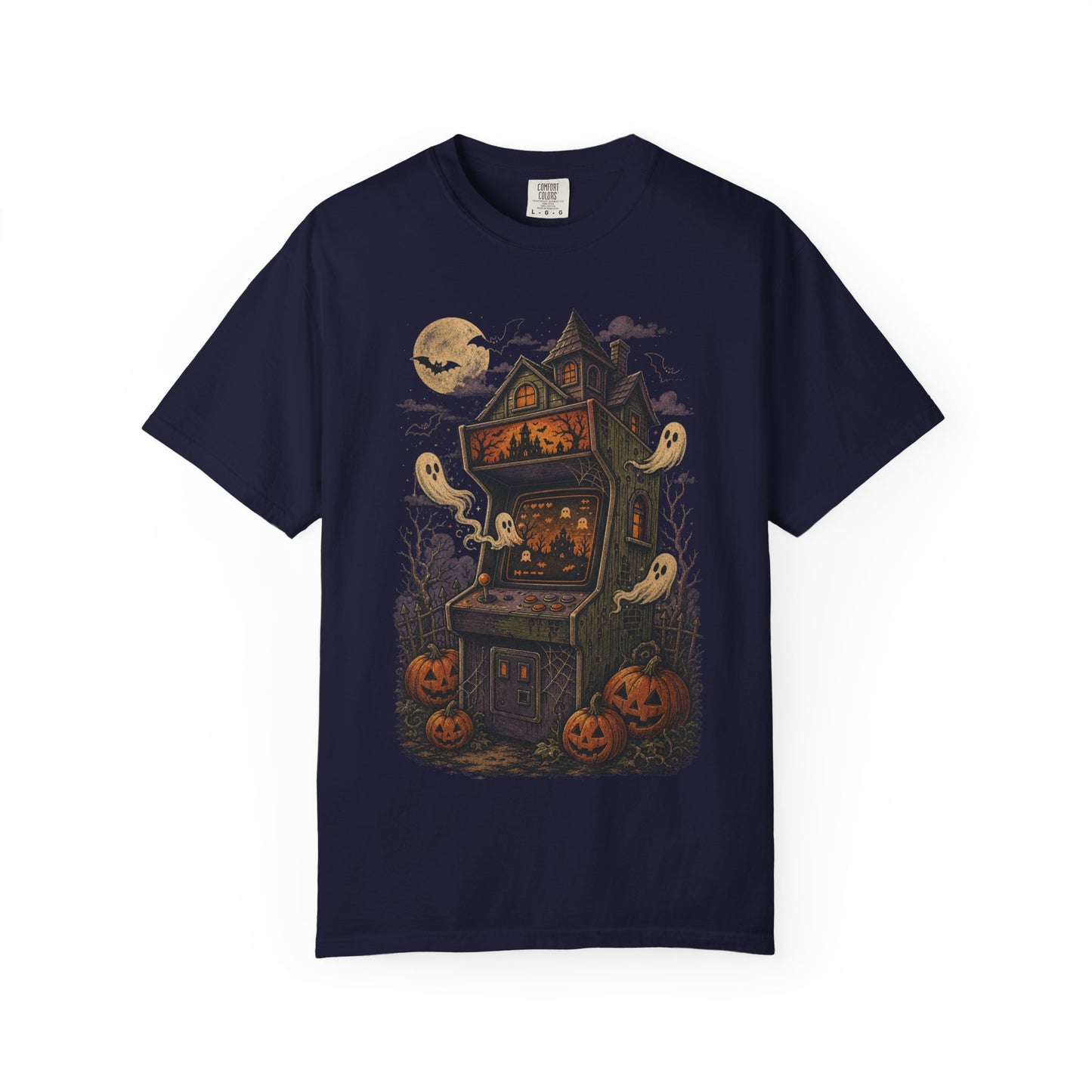 Haunted Arcade Cabinet T-shirt | Halloween ghosts, jack-o'-lanterns, moonlit haunted house
