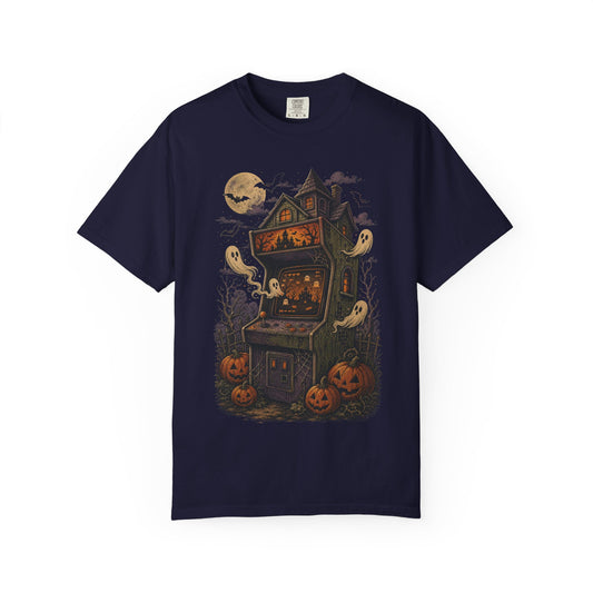 Haunted Arcade Cabinet T-shirt | Halloween ghosts, jack-o'-lanterns, moonlit haunted house