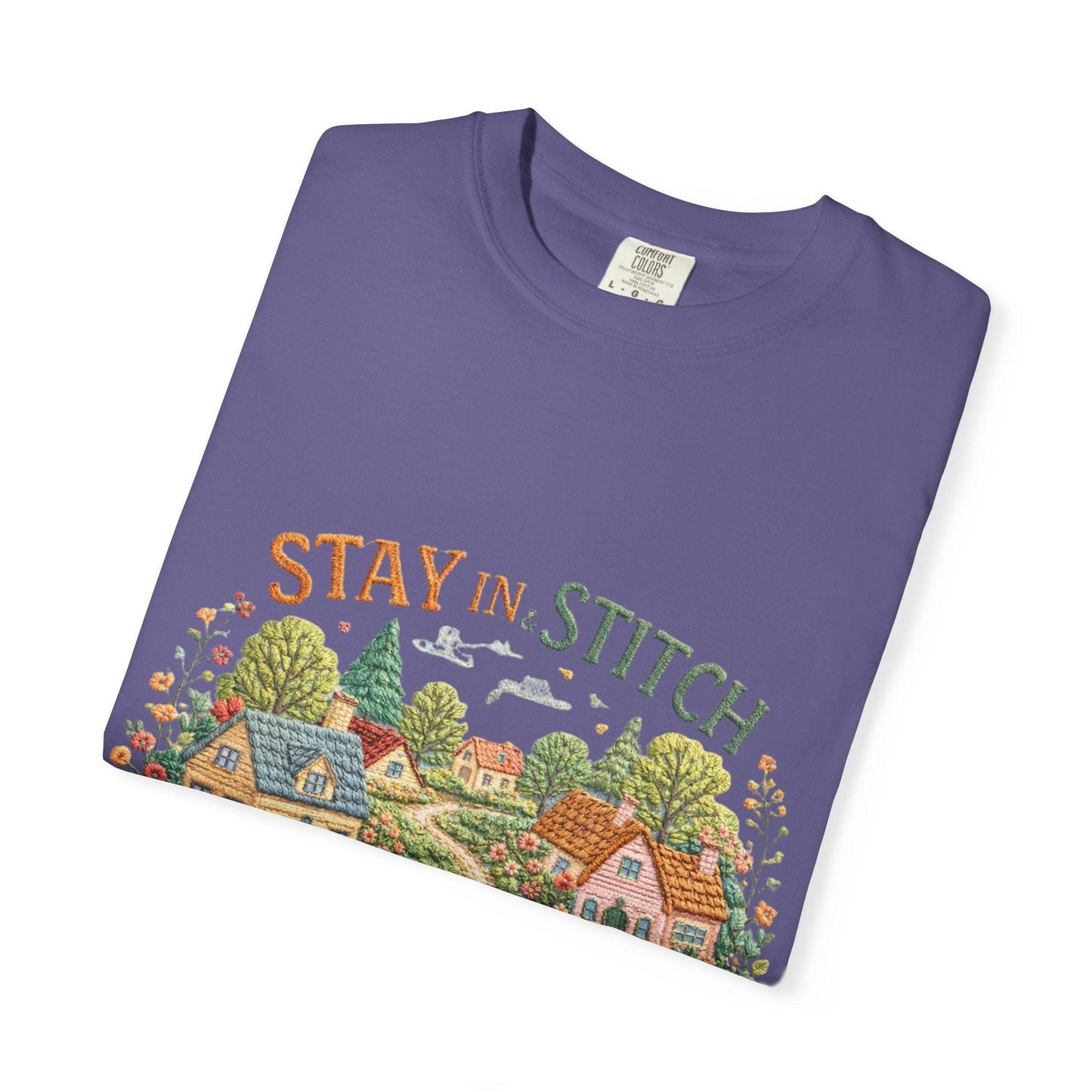 Stay In and Stitch Shirt, Cottagecore Sewing Tee, Grandma Hobbies Top, Vintage Cross Stitch Floral Village