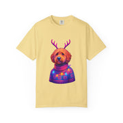 Golden Doodle in Reindeer Antler Sweater T-Shirt | Holiday Dog Portrait