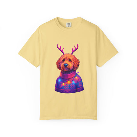 Golden Doodle in Reindeer Antler Sweater T-Shirt | Holiday Dog Portrait