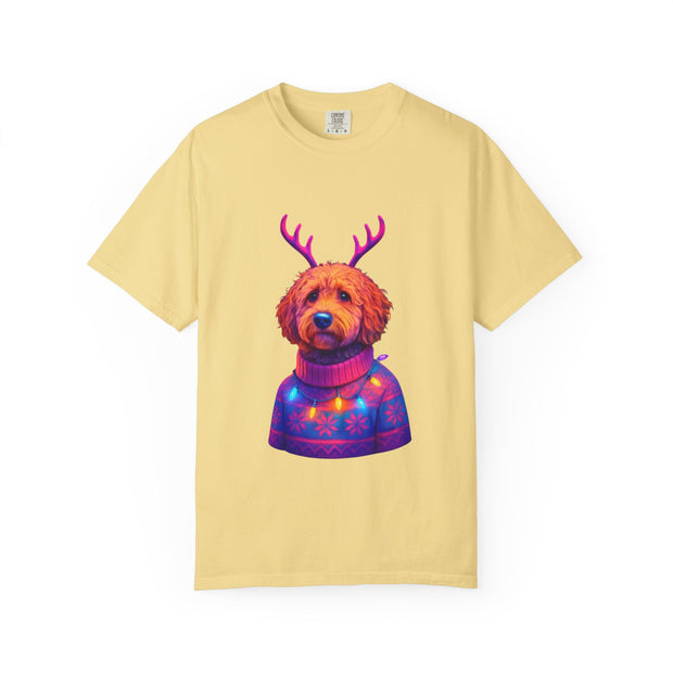 Golden Doodle in Reindeer Antler Sweater T-Shirt | Holiday Dog Portrait