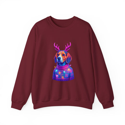 Beagle with Reindeer Antlers Sweatshirt | Colorful Holiday Dog Illustration