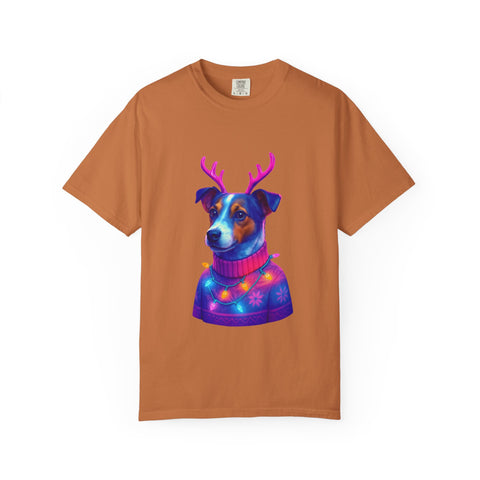 Jack Russell in Reindeer Sweater T-shirt | Neon Holiday Dog Design