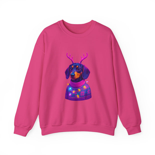 Dachshund Reindeer Sweater Crewneck Sweatshirt | Neon Holiday Dog Art