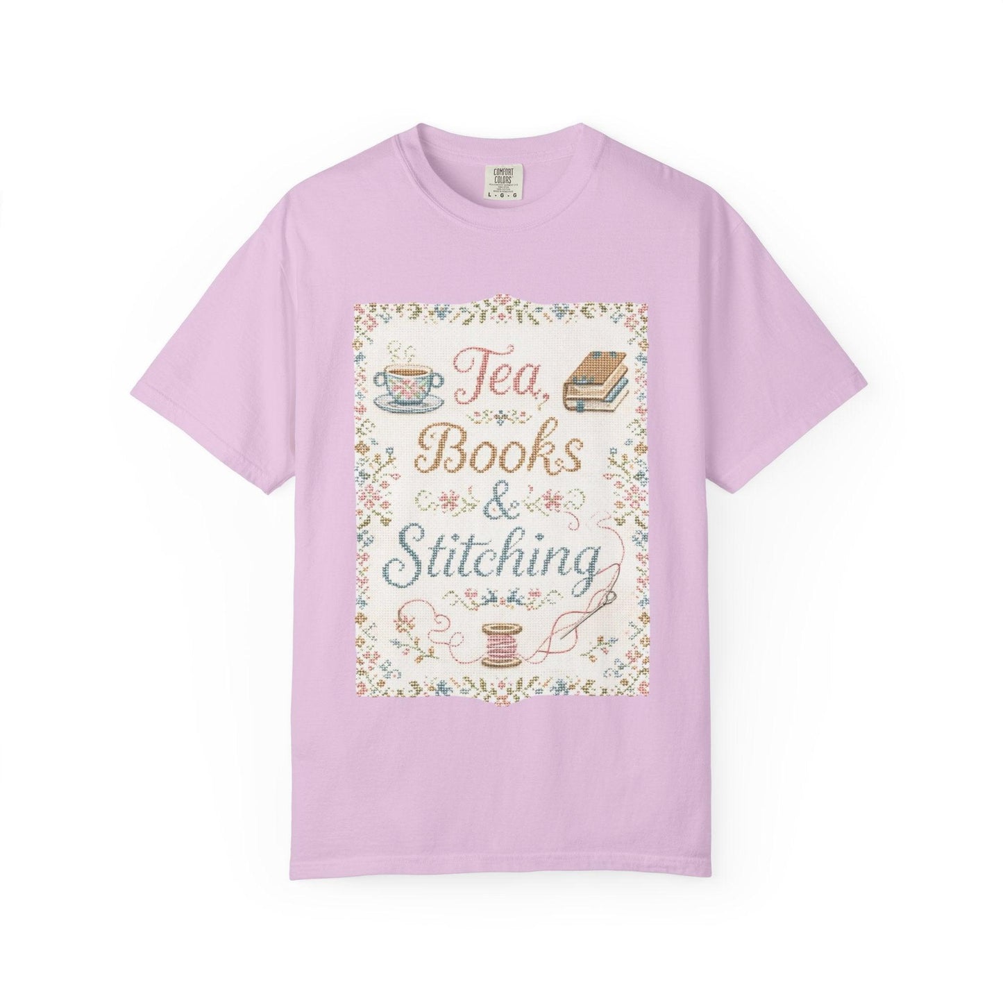 Tea Books & Stitching T-shirt | Reading, Sewing, Cozy Hobby Design